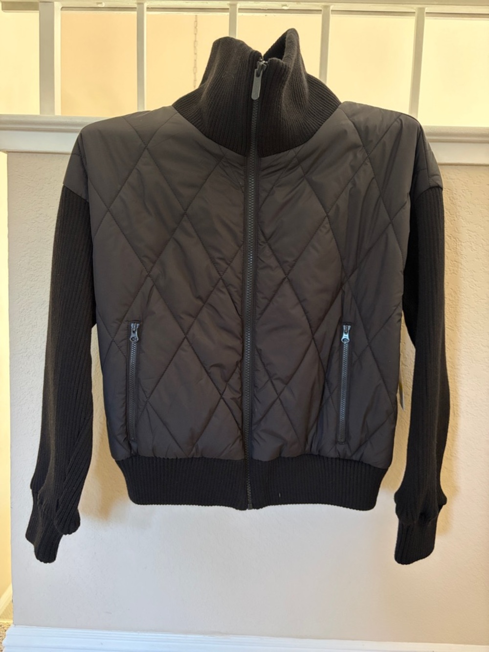 Zella Black Quilted Bomber Jacket with Knit Sleeves